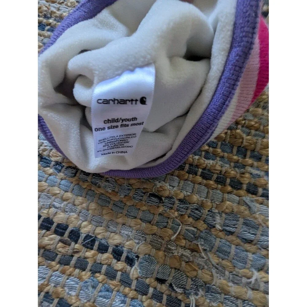 Carhartt Youth One Size Striped Beanie Hat Winter Fleece Lined Purple Pink Blue